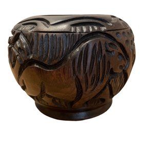 Handcarved Wood Bud Vase Trinket Bowl African Animals Elephant Rhino Lion